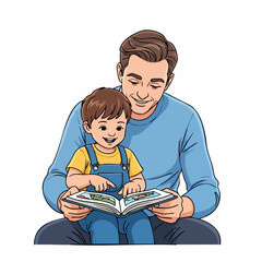 Cartoon Illustration of Father Reading Story Book to His Son Together