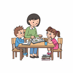 Simple Cartoon Young Teacher Helping Student Learning at Table Illustration