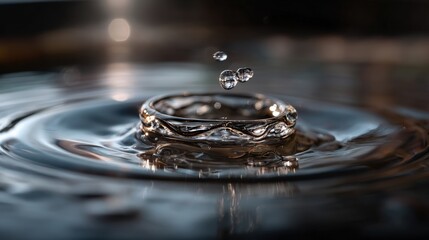 Close-up of a crystal clear water droplet splashing into a calm reflective surface creating a crown-like ripple with detailed ripples and a dark blurred background