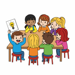 Cheerful Cartoon Illustration of Children Brainstorming Idea Around Table Group