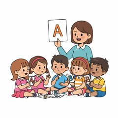 Cheerful Handdrawn Children Learning Alphabet with Teacher Illustration