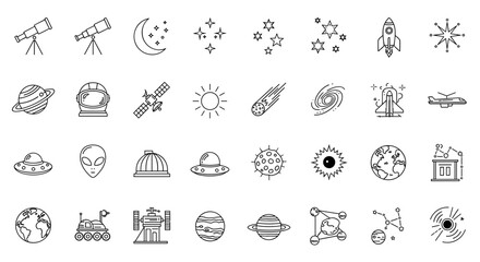 Collection of space themed icons including planets, stars, telescopes, and space vehicles drawing