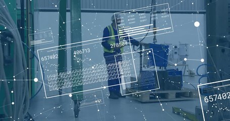 Warehouse technician aligning crane hook and lifting machinery load while data overlays updating - Powered by Adobe