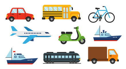 Illustration showing various modes of transportation including car bus bicycle airplane scooter and ships