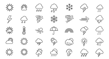 Fototapeta premium Collection of weather forecast icons including sun, cloud, rain, snow, wind and storm symbols