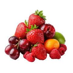 Fresh summer berries and stone fruits on white