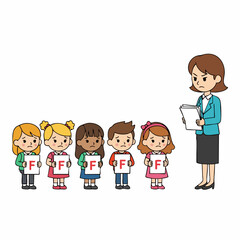Cute Cartoon Teacher Giving Bad Grades to School Children Illustration
