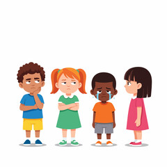 Cartoon Diverse Group of Children Showing Negative Emotions Illustration Art