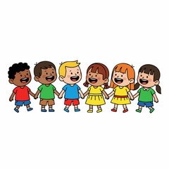 Cheerful Flat Illustration Diverse Children Holding Hands Representing Friendship and Unity