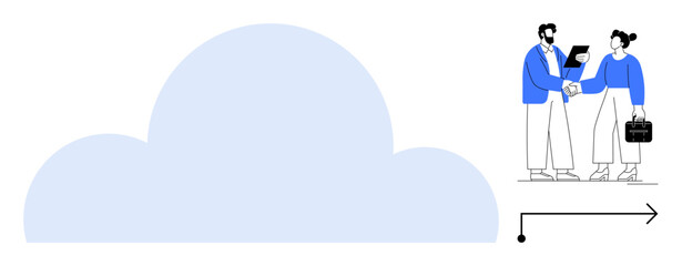 Large cloud shape with two colleagues exchanging ideas, shaking hands, and sharing documents. Ideal for technology, teamwork, business networking, remote work, innovation, data sharing simple flat