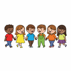 Cartoon Hand Drawn Diverse Group of Children Holding Hands Illustration