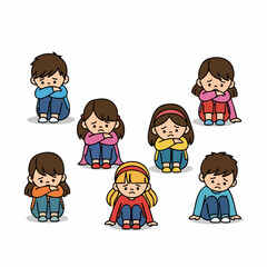 Cute Flat Illustration of Sad Children with Various Expressions Character Set