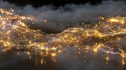 Golden city lights shimmering over a landscape.