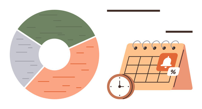 Circular chart with segmented data, calendar with reminder icons, and clock for organizing schedules. Ideal for productivity, planning, analytics, deadlines, reminders business and strategy. Simple