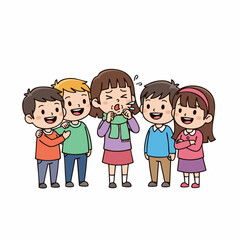Cute Handdrawn Cartoon Children with Their Teacher Illustration