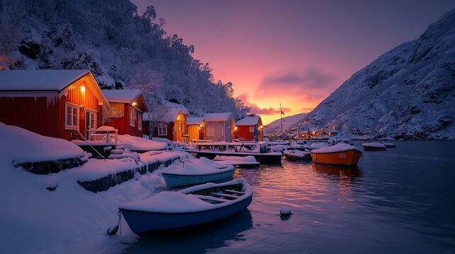 Winter sunset over snowy fjord village.  Colorful cabins, boats, and snow