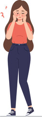 Young woman rubbing tired eyes feeling sleepy and confused vector illustration in casual outfit standing pose
