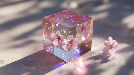 A cube-shaped object, crafted from clear resin, showcasing pressed cherry blossoms.