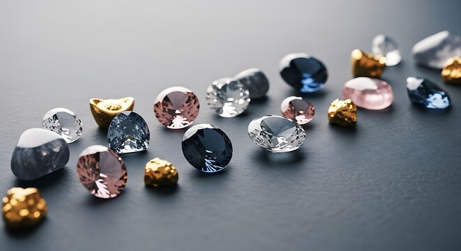 Assortment of Gemstones and Gold Nuggets on Dark Surface jewels diamonds