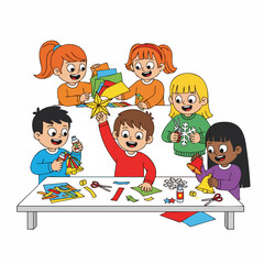 Cheerful Handdrawn Diverse Children Crafting Artwork at a Table in Classroom