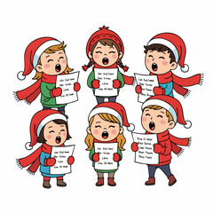 Cheerful Handdrawn Group Of Kids Caroling Christmas Song Celebration Illustration