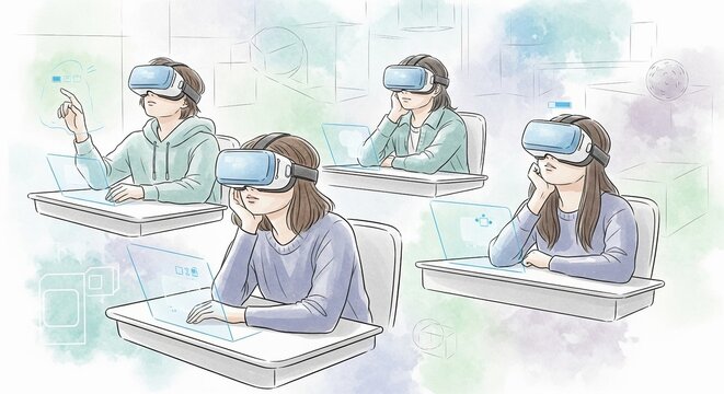 Students engage in immersive virtual reality education, experiencing futuristic digital learning in a modern classroom setting.