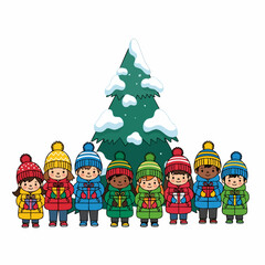 Colorful Cartoon Diverse Children Standing with Christmas Tree Winter Illustration
