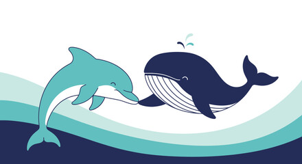 Obraz premium Playful Cartoon Illustration of a Dolphin and Whale in a Whimsical Sea Scene