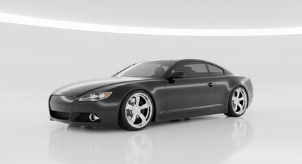 Obraz premium Sleek Black Coupe in Minimalist Studio, Reflective Surface, Modern Design.