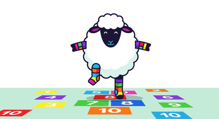 Fototapeta premium Playful sheep hopping through colorful hopscotch game for children learning numbers