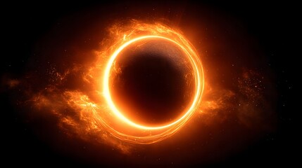 Fiery celestial ring encircles a dark sphere.