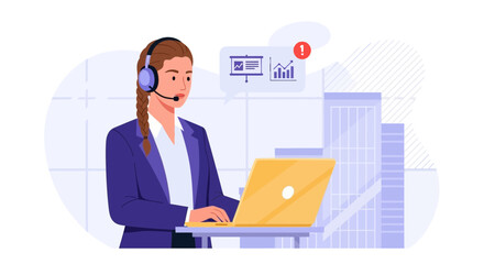 Professional business woman using headset with laptop analyzing data and graphs in office setting representing data analysis