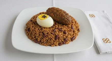 Kidney Bean Rice Dish with Kibbeh and Soft Boiled Egg