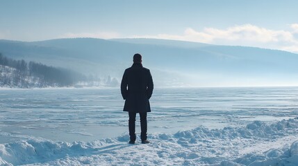 A solitary figure stands on a frozen lake, gazing at a distant horizon.