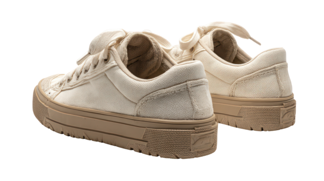 Pair of sport shoes with side view and shoelaces arrangement on transparent background