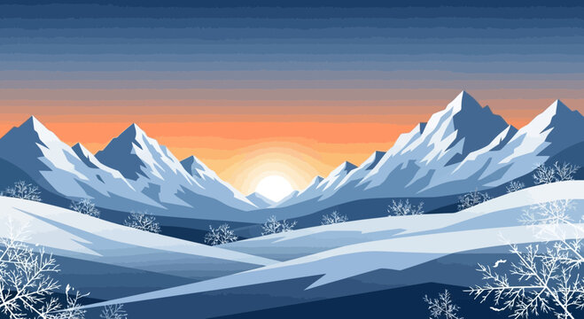Serene winter landscape with snow-covered mountains at sunset illustration - Powered by Adobe