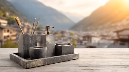 Grey stone bathroom accessories set on a wooden tray.