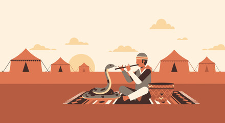 Serpent Charmer Performing with Cobra in Desert Landscape against Tent Backdrop