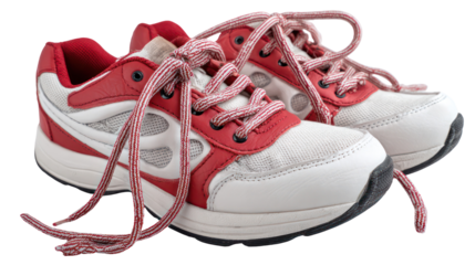 Pair of sport shoes with side view and shoelaces arrangement on transparent background