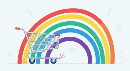 Obraz premium Shopping Cart in Rainbow Colors Against a Colorful Rainbow Backdrop, Vector Illustration, Celebrating Diversity and Inclusion