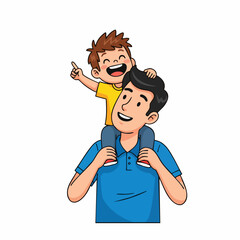 Cartoon Illustration of Happy Father Carrying Son on Shoulders