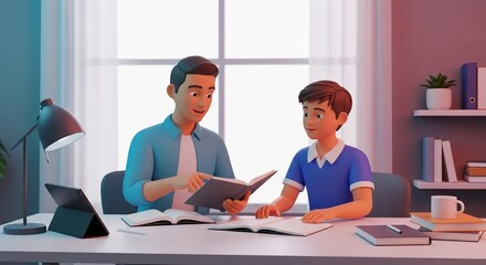 CGI illustration of a father teaching his son at a desk with books and a laptop, promoting education and bonding.