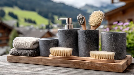 Natural stone bathroom accessories arranged on a wooden tray.