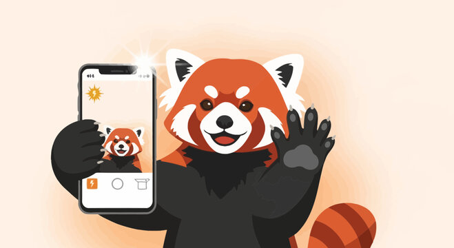 Red panda taking a selfie with a smartphone illustration for digital media content illustration digital graphics red panda mascot design