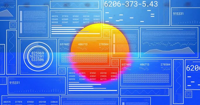 Glitch artifacts flickering driving codes filling grid while orange semi-circle rising showing data