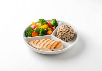 Grilled salmon with steamed asparagus and lemon wedges, clean white round plate, health food photography for dietary meal promotions