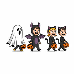 Whimsical Handdrawn Halloween Costume Kids Trick or Treating Illustration