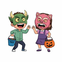 Cartoon Handdrawn Children in Costume Ready for Halloween Trick or Treat