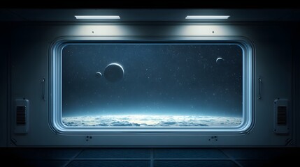 Interior view of a spaceship window looking out at planets.