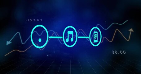 Cyan circle appearing initiating icons pulsing while waveforms fluctuating visualizing data flow - Powered by Adobe